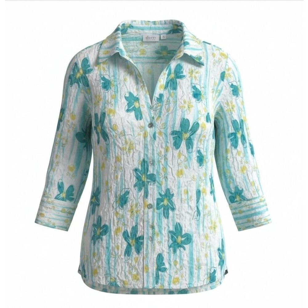Denim Co White Button Up Plus Size 1X Teal Striped Yellow Floral 3/4 Sleeve